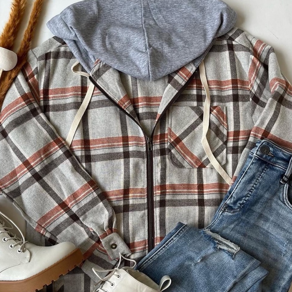 Staccato Plaid Zip-Up Hoodie - Gray and Brown
